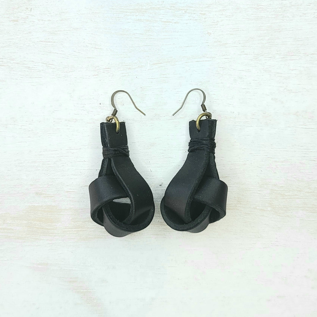 Black Boho Leather Knot Earrings